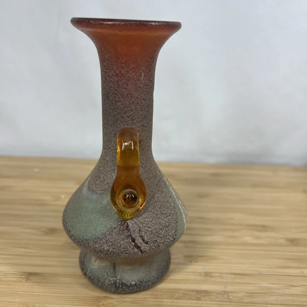 Vintage Art‎ Glass Bud Vase Amber Applied Handles Mottled Orange Green 5.75